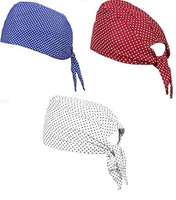 Multicolor_Pure_Cotton_Polka_Dot_Patka_Durag_Skull_Cap_Adjustable_Sweat_Wicking_Headband/Helmet_Liner_For_Riders,_Sports_And_Chemo_For_Unisex_Pack_Of_3
