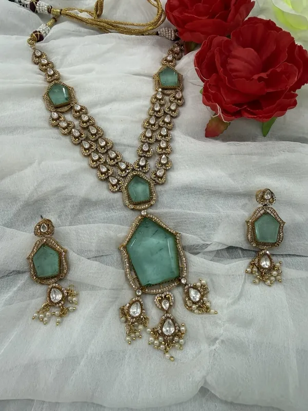 Mint_Green_Star_Design_Antique_Piece_Stone_Long_Necklace_&_Earring_Set_For_Women