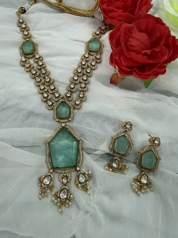 Mint_Green_Star_Design_Antique_Piece_Stone_Long_Necklace_&_Earring_Set_For_Women