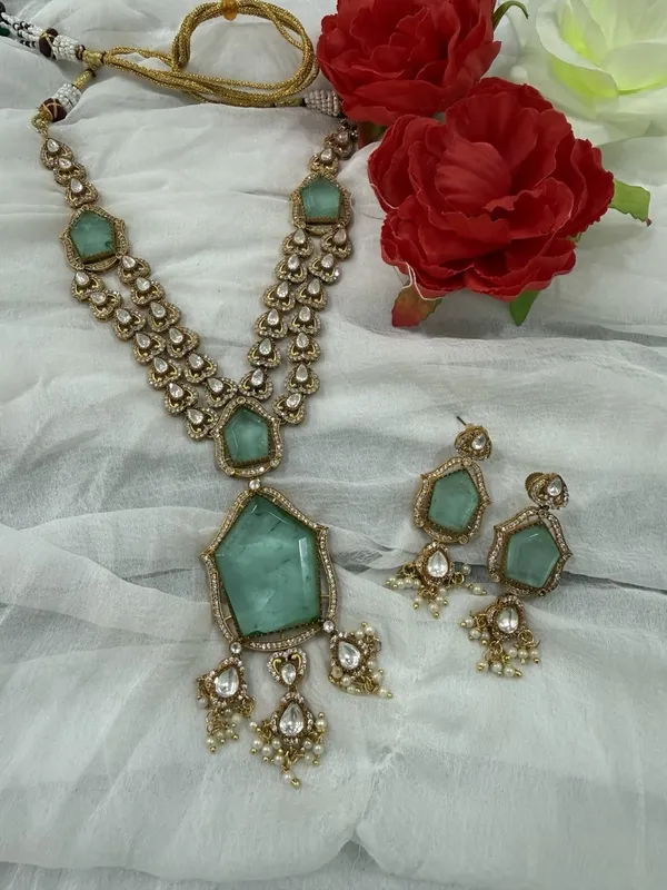 Mint_Green_Star_Design_Antique_Piece_Stone_Long_Necklace_&_Earring_Set_For_Women