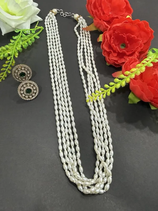 White_Pearl_Mala_with_Green_Round_Stone_Earrings_For_Women