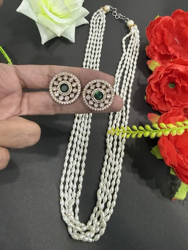 White_Pearl_Mala_with_Green_Round_Stone_Earrings_For_Women