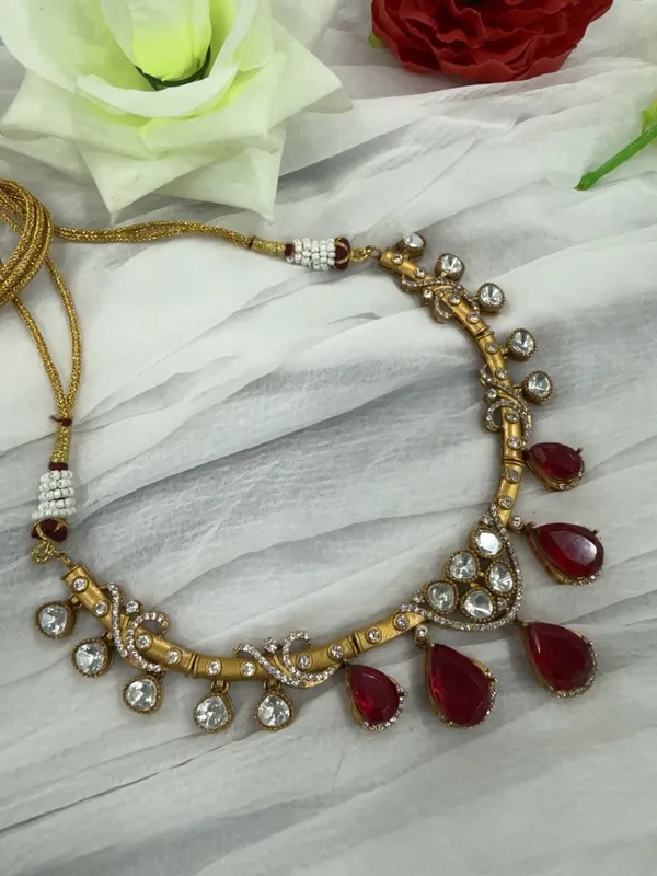 Ruby_Red_Kundan_Stone_Antique_Gold_Choker_Necklace_with_Earrings_Set_For_Women