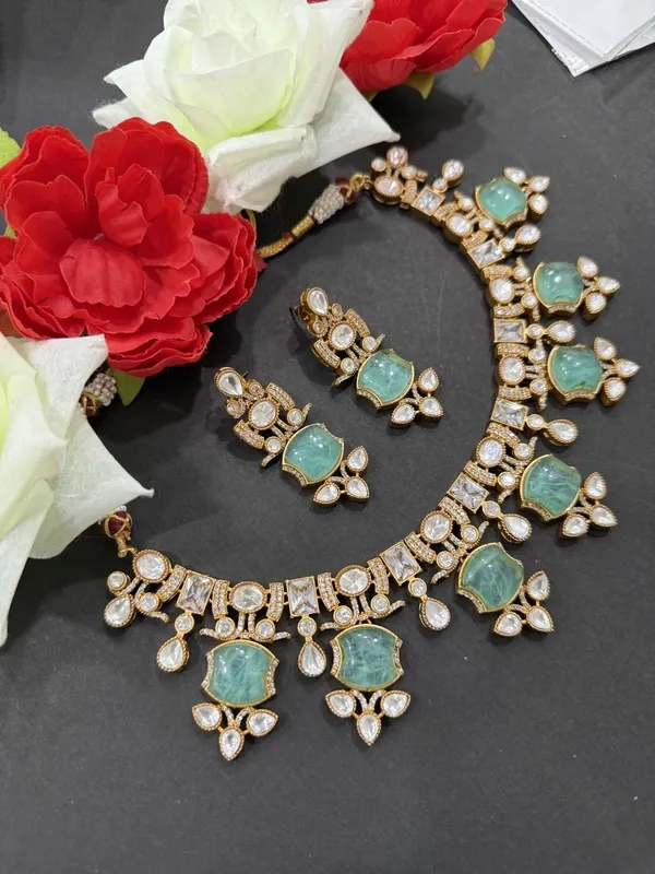 Mint_Green_Apple_Design_Antique_Piece_Stone_Necklace_&_Earring_Set_For_Women
