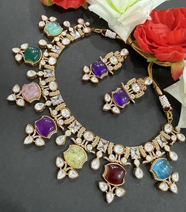 Multicolor__Apple_Design_Antique_Piece_Stone_Necklace_&_Earring_Set_For_Women