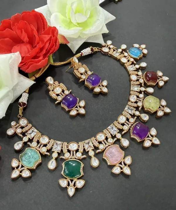 Multicolor__Apple_Design_Antique_Piece_Stone_Necklace_&_Earring_Set_For_Women
