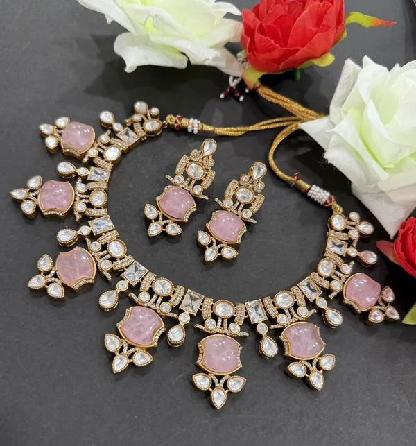 Pink_Apple_Design_Antique_Piece_Stone_Necklace_&_Earring_Set_For_Women