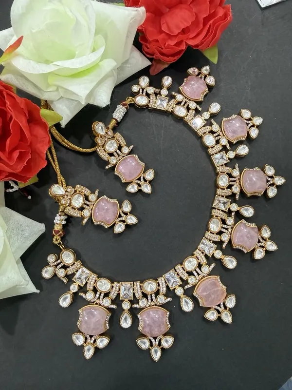 Pink_Apple_Design_Antique_Piece_Stone_Necklace_&_Earring_Set_For_Women