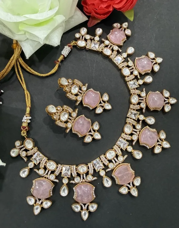 Pink_Apple_Design_Antique_Piece_Stone_Necklace_&_Earring_Set_For_Women