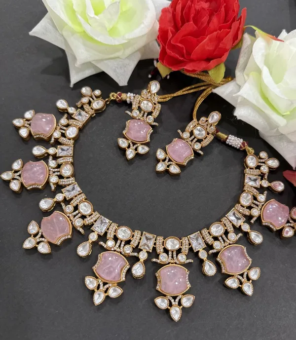 Pink_Apple_Design_Antique_Piece_Stone_Necklace_&_Earring_Set_For_Women
