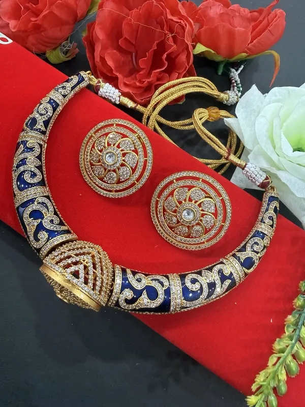Royal_Blue_Enamel_Choker_Necklace_Set_with_Stud_Earrings_For_Women