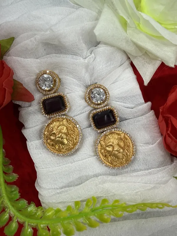 Black__Luxury_Lion_Face_Coin_with_Crystal_&_Stone_Earrings__For_Women