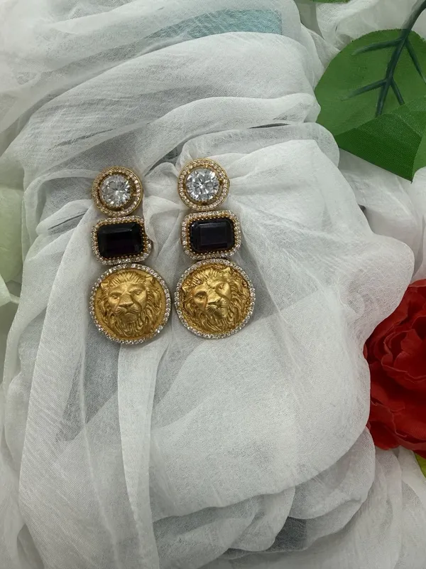 Black__Luxury_Lion_Face_Coin_with_Crystal_&_Stone_Earrings__For_Women