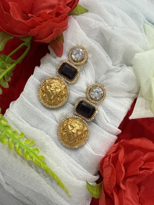 Black__Luxury_Lion_Face_Coin_with_Crystal_&_Stone_Earrings__For_Women