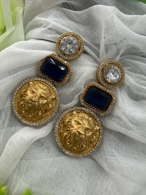 Blue_Luxury_Lion_Face_Coin_with__Crystal_Stones_Earrings__For_Women