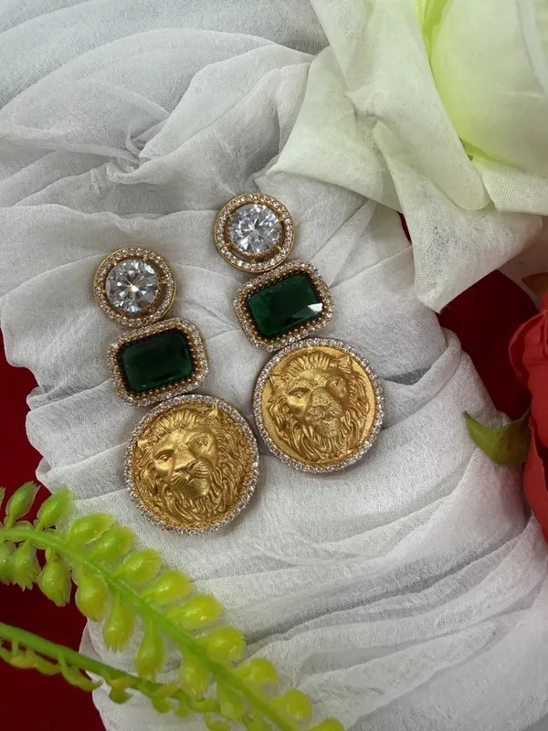 Green_Luxury_Lion_Face_Coin_with_Emerald_Stone_Earrings__For_Women