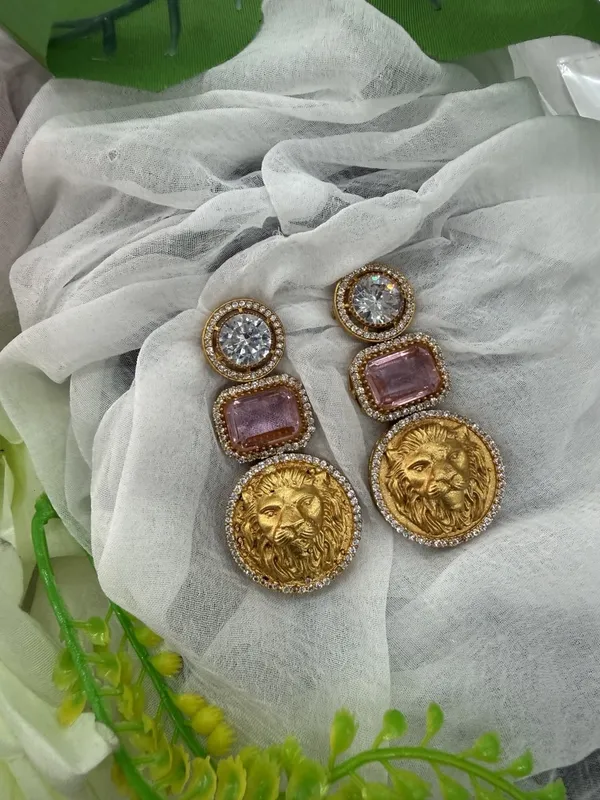 Golden_&_Pink__Luxury_Lion_Face_Coin_with_Crystal_Stones_Earrings__For_Women