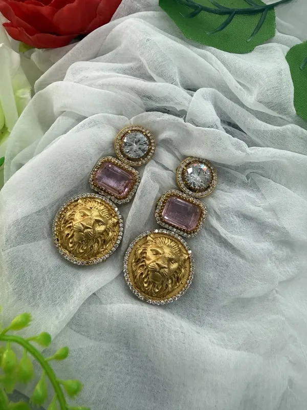 Golden_&_Pink__Luxury_Lion_Face_Coin_with_Crystal_Stones_Earrings__For_Women