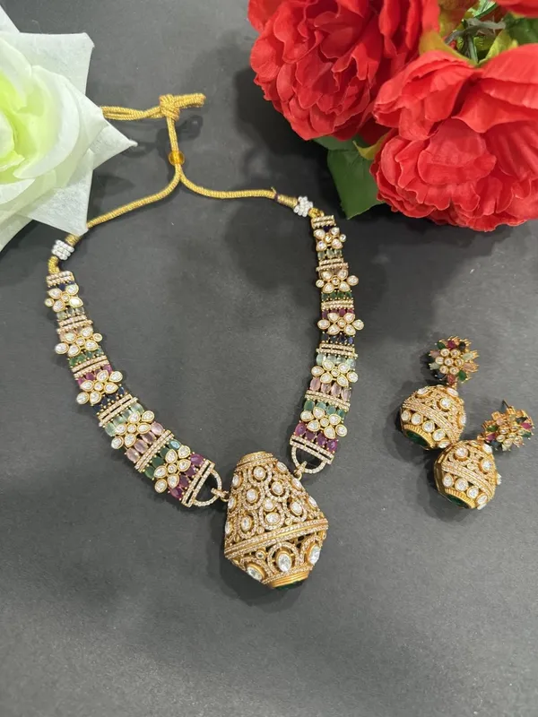 Multicolor_Kalash_Design_Antique_Piece_Stone_Necklace_&_Earring_Set_For_Women