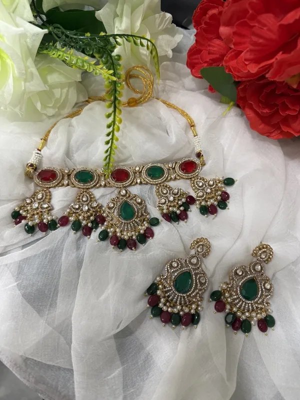 Multicolor_Jalak_Design_Kundan_Stone_Necklace_&_Pearl_Drops_Earring_Set_For_Women