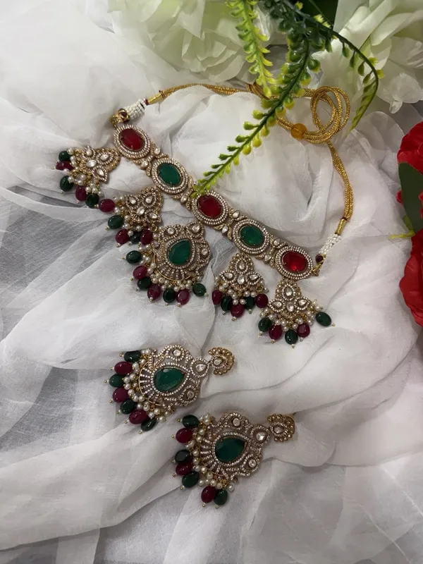 Multicolor_Jalak_Design_Kundan_Stone_Necklace_&_Pearl_Drops_Earring_Set_For_Women