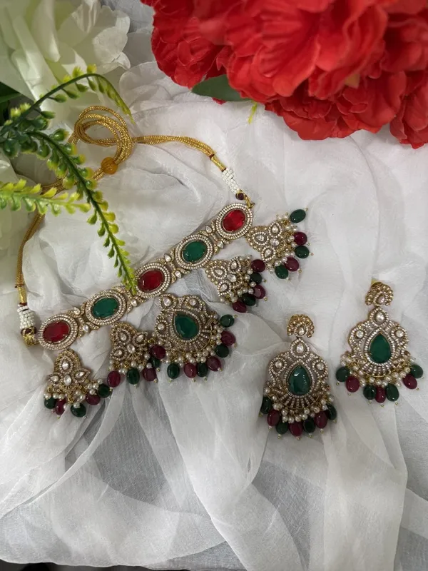 Multicolor_Jalak_Design_Kundan_Stone_Necklace_&_Pearl_Drops_Earring_Set_For_Women