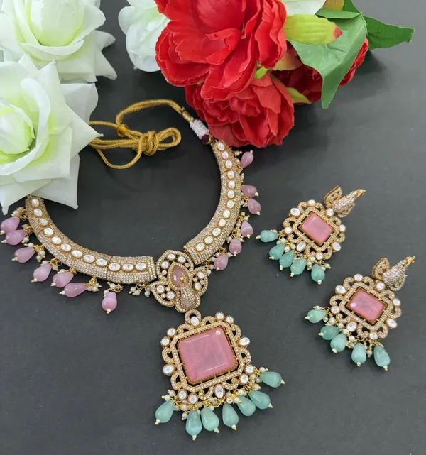 Royal_Pink_&_Mint_Kundan_Choker_Necklace_Set_with_Earrings_For_Women