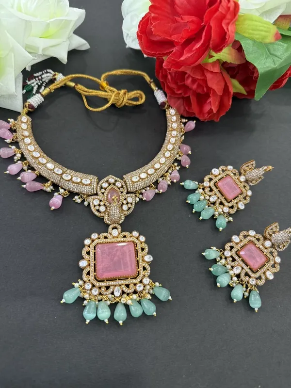 Royal_Pink_&_Mint_Kundan_Choker_Necklace_Set_with_Earrings_For_Women