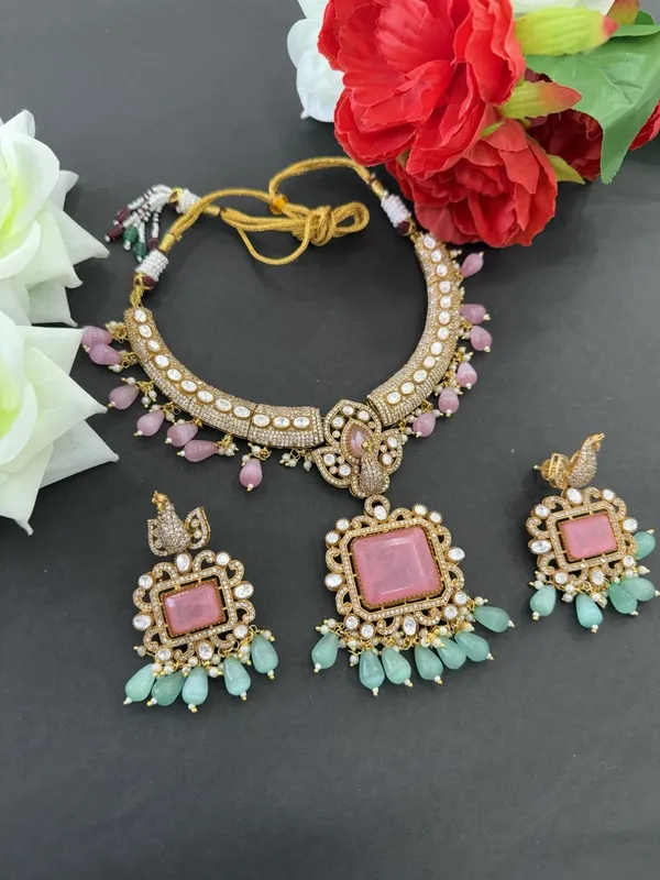 Royal_Pink_&_Mint_Kundan_Choker_Necklace_Set_with_Earrings_For_Women