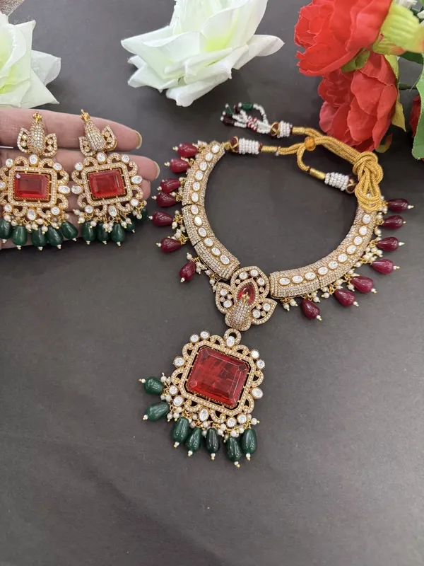 Red_Traditional_Stone_Kundan_Choker_Set_with_Green_Bead_Drops_For_Women