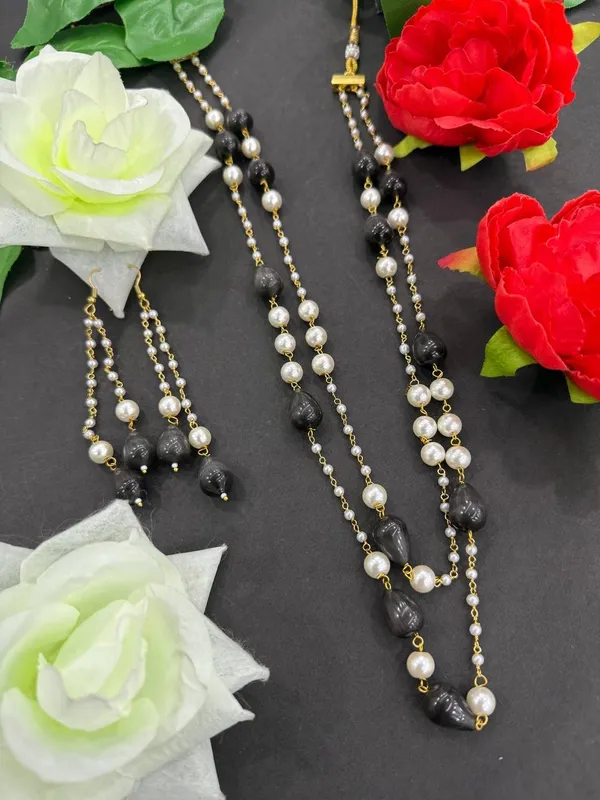 White_&_Black__Classic__Pearl_Layered_Necklace_With_Earrings__For_Women