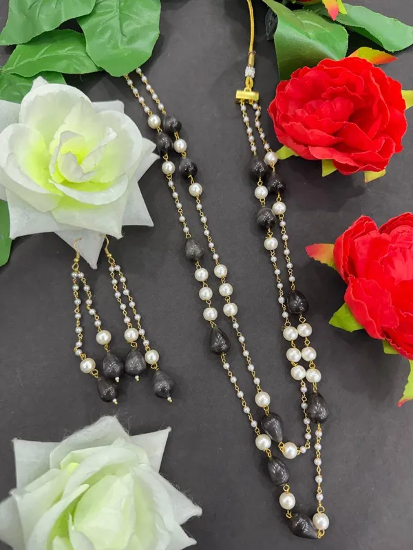 White_&_Black__Classic__Pearl_Layered_Necklace_With_Earrings__For_Women