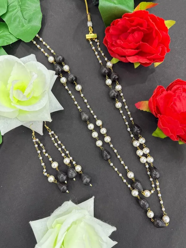 White_&_Black__Classic__Pearl_Layered_Necklace_With_Earrings__For_Women