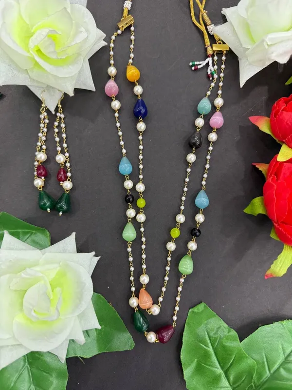 Multicolor_Beads_&_White_Pearl_Long_Necklace_with_Earrings_Set_For_Women