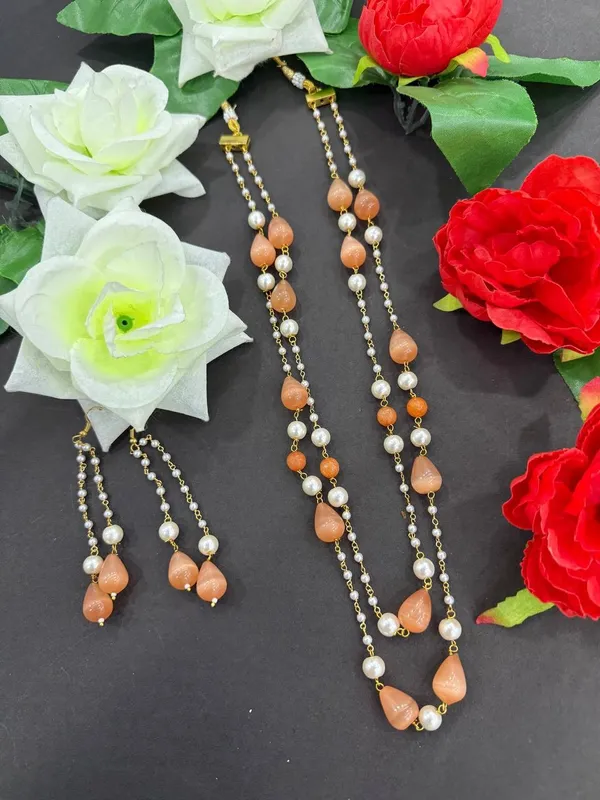 Orange_Pearl_Beads_Layered_Necklace_with_Earrings_For_Women