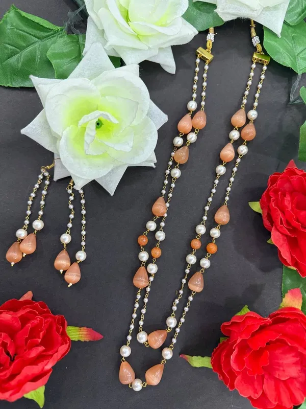 Orange_Pearl_Beads_Layered_Necklace_with_Earrings_For_Women