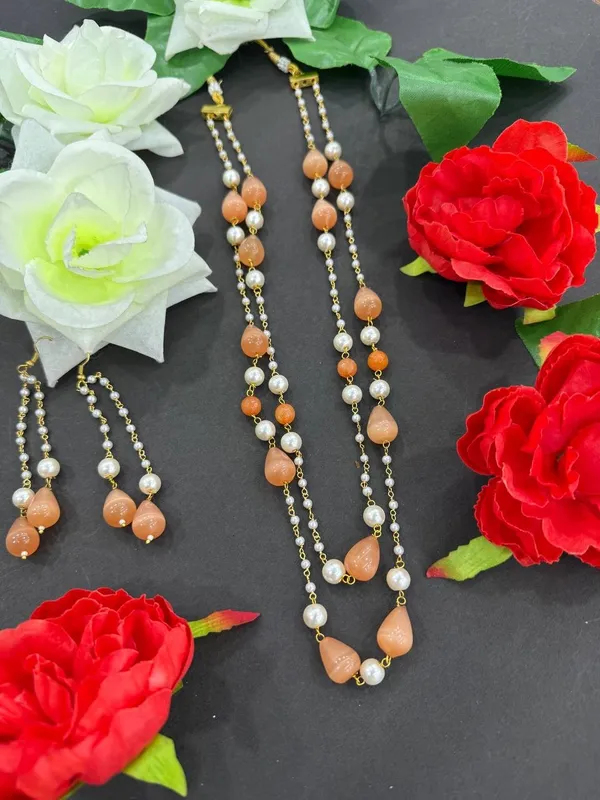 Orange_Pearl_Beads_Layered_Necklace_with_Earrings_For_Women