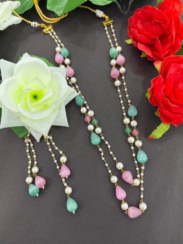 Green_Pink_Pearl_Beads_Long_Necklace_with_Earrings__For_Women