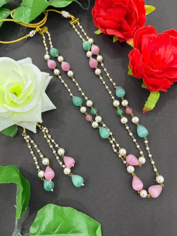 Green_Pink_Pearl_Beads_Long_Necklace_with_Earrings__For_Women