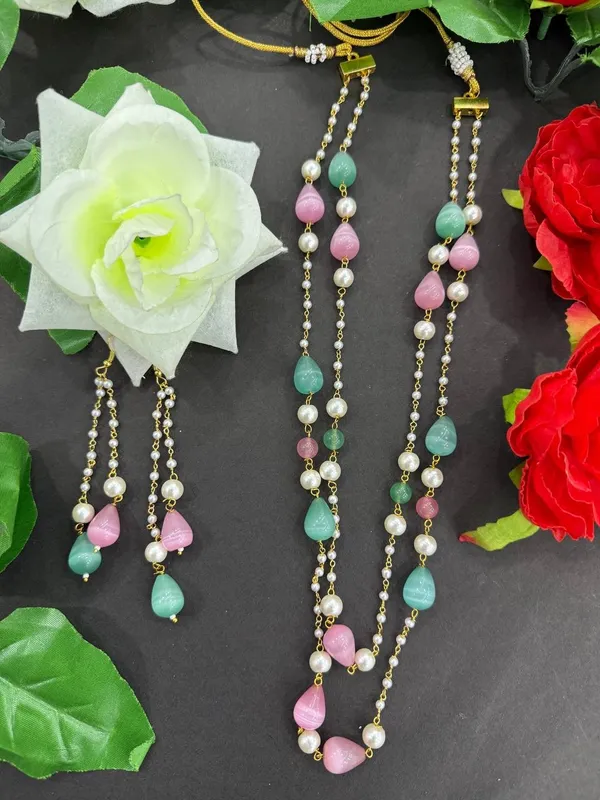 Green_Pink_Pearl_Beads_Long_Necklace_with_Earrings__For_Women