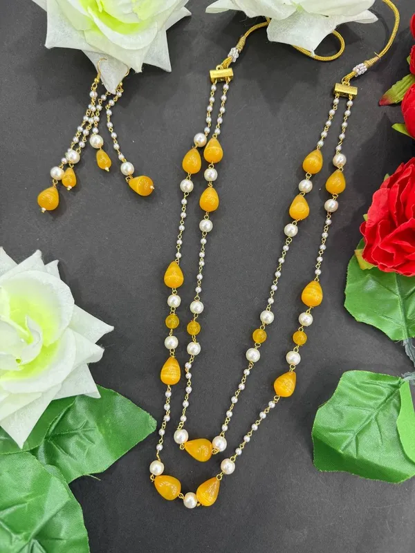 Yellow_&_White_Pearl_Beaded_Long_Necklace_with_Earrings_Set_For_Women