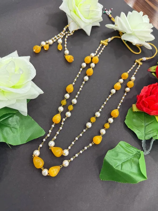 Yellow_&_White_Pearl_Beaded_Long_Necklace_with_Earrings_Set_For_Women