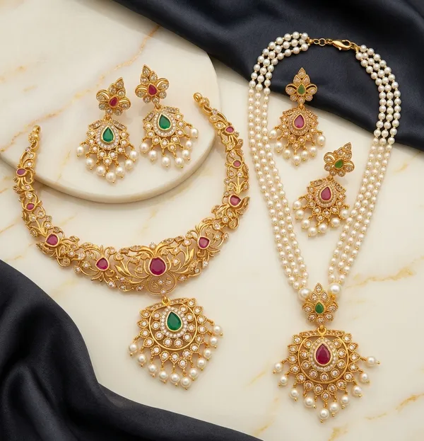 South_Indian_Jewellery_Combo_With_Pearl_Necklace_Set