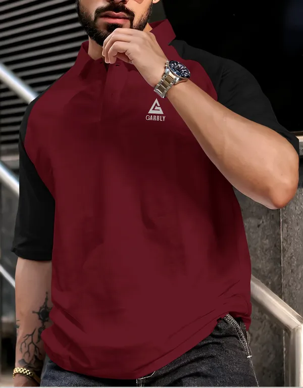 Maroon_&_Grey_Black_Premium_Cotton_Blend_3/4_Sleeve_Polo_Neck_Oversized_T-Shirt_For_Men_(Pack_Of_2)