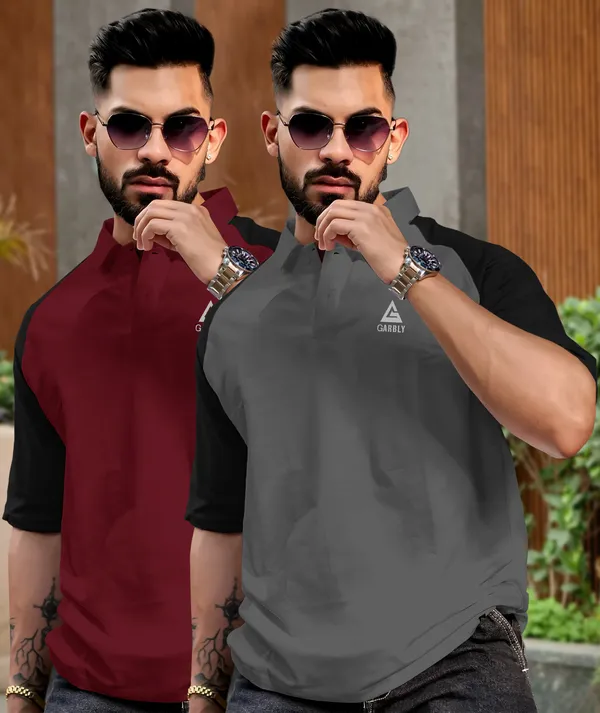 Maroon_&_Grey_Black_Premium_Cotton_Blend_3/4_Sleeve_Polo_Neck_Oversized_T-Shirt_For_Men_(Pack_Of_2)