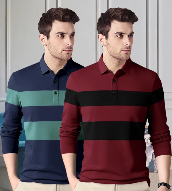 Dark_Navy_&_Maroon_Premium_Cotton_Blend_Full_Sleeve_Polo_Neck_Regular_Fit_T-Shirt_For_Men_(Pack_Of_2)