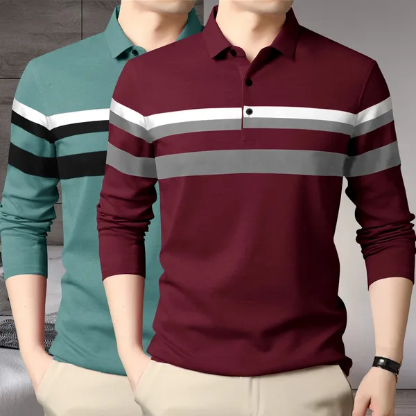 Moss_Green_&_Maroon_Premium_Cotton_Blend_Full_Sleeve_Polo_Neck_Regular_Fit_T-Shirt_For_Men_(Pack_Of_2)