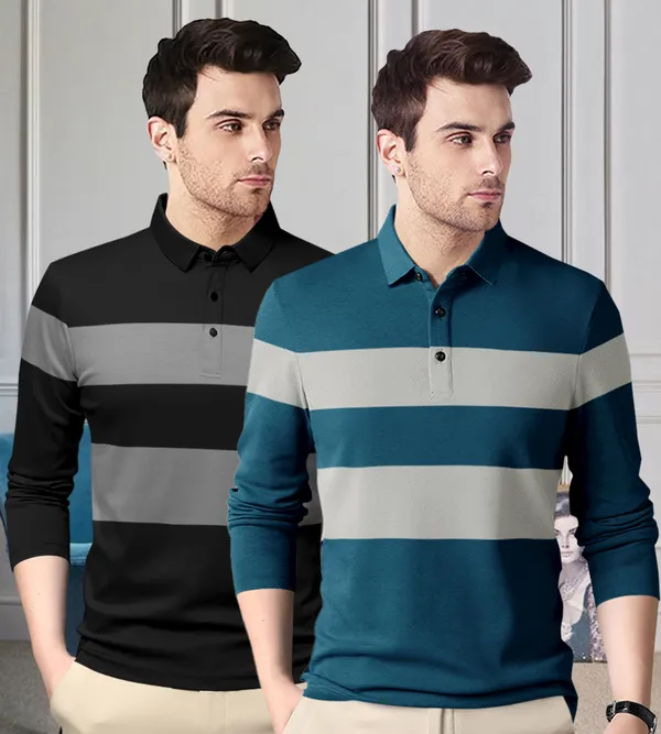 Black_&_Teal_Blue_Premium_Cotton_Blend_Full_Sleeve_Polo_Neck_Regular_Fit_T-Shirt_For_Men_(Pack_Of_2)