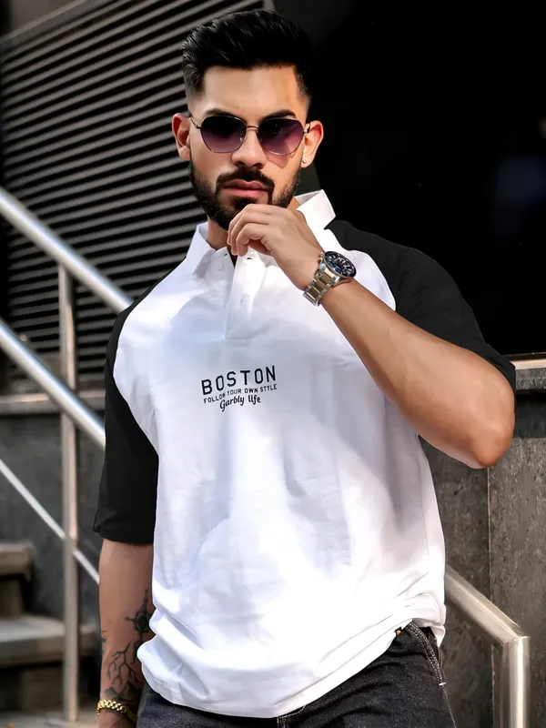 Black_Premium_Cotton_Blend_3/4_Sleeve_Polo_Neck_Oversized_T-Shirt_For_Men