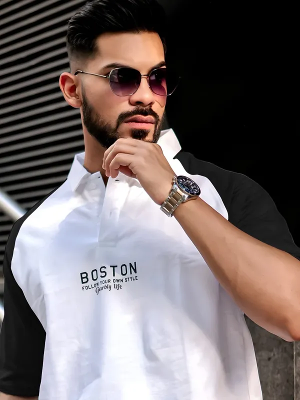 Black_Premium_Cotton_Blend_3/4_Sleeve_Polo_Neck_Oversized_T-Shirt_For_Men